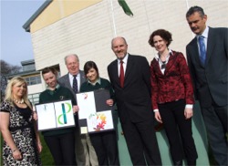 Pictured from left with Róis and Tara are Moville Community College art teacher Niamh Doherty, John McCarter, Anthony Doogan, Denise McCool and Andrew Ward.
