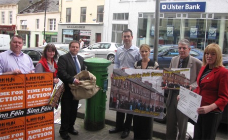 Pictured yesterday at the launch of Sinn Féin's new postcard campaign are from left, Councillor Gerry McMonagle, Councillor Marie-Therese Gallagher, Councillor Pádraig MacLochlainn, Senator Pearse Doherty, Councillor Cora Harvey, Councillor Mick Quinn and Udarás na Gaeltachta representative Gráinne MhicGéidigh.
