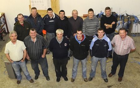 Fishermen who successfully completed a new course in the merchant marine industry in Greencastle. Back from left, Sean Keneally, Barry Doherty, Raymond McGuinness, Damian Reynolds, John D. McLaughlin, Michael Canning and Sean Rawdon. Front, Dessie McElroy, Michael McCormick, organiser, Martin D'Arcy, lecturer, Sean McLaughlin, David Reynolds and George McLaughlin. Photo: Sean Arrow.