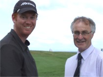 Greencastle Golf Club manager Billy McCaul, right, welcomes American author Tom Coyne.